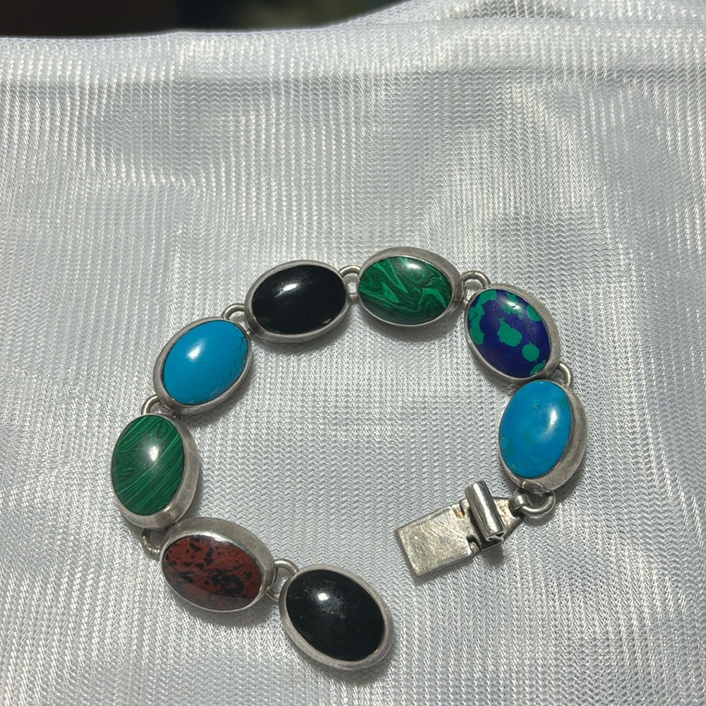 Vintage turquoise sterling silver multi stone bracelet